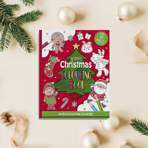 Image of a red colouring book with Christmas characters and the words: Christmas Colour By Numbers - Over 60 pages to colour