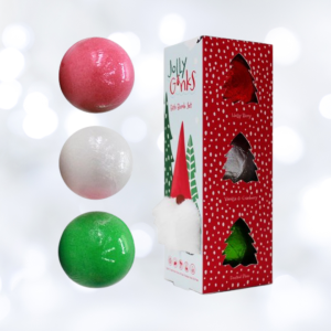 Image of 3 round bath bombs, one green, one red and one white