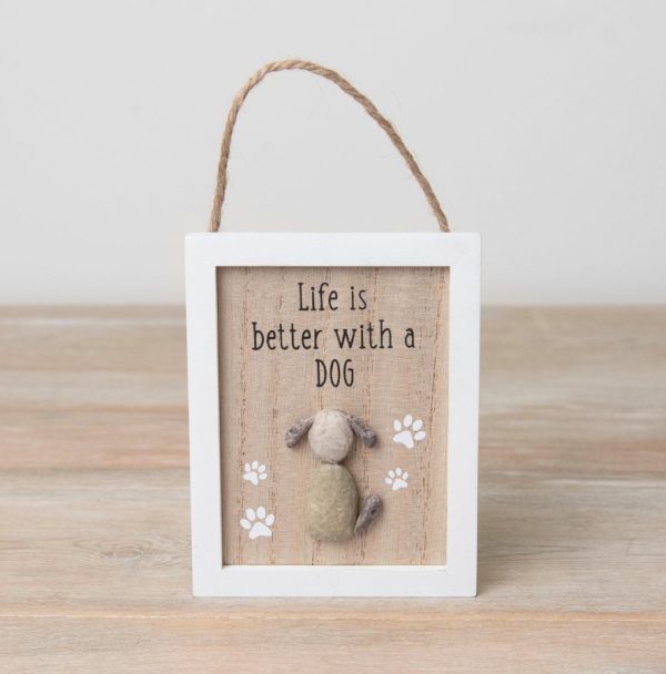 Life is better with a dog wooden sign with a dog made from pebbles